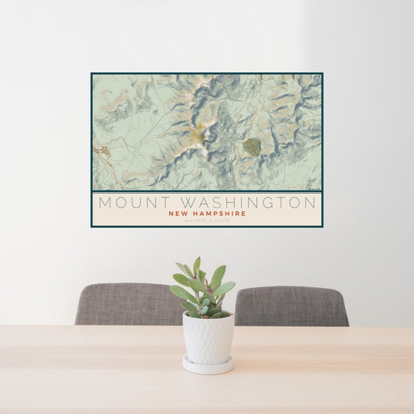 24x36 Mount Washington New Hampshire Map Print Lanscape Orientation in Woodblock Style Behind 2 Chairs Table and Potted Plant