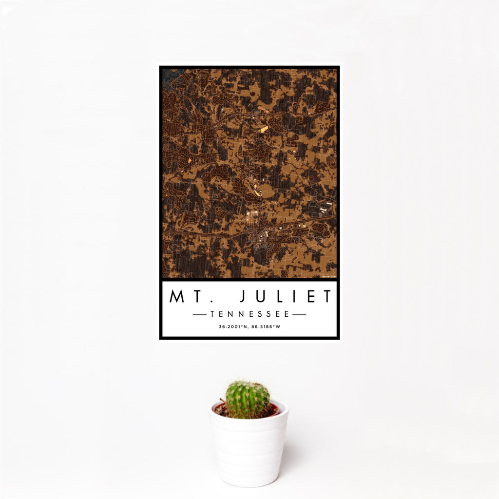 12x18 Mt. Juliet Tennessee Map Print Portrait Orientation in Ember Style With Small Cactus Plant in White Planter