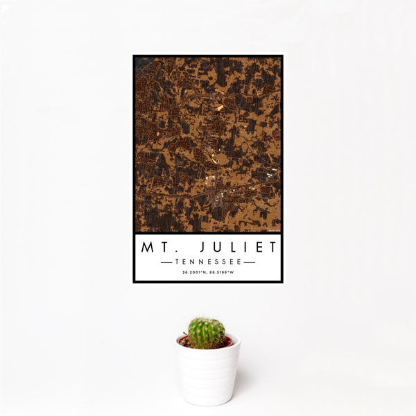 12x18 Mt. Juliet Tennessee Map Print Portrait Orientation in Ember Style With Small Cactus Plant in White Planter