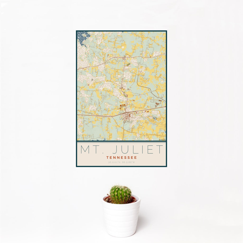 12x18 Mt. Juliet Tennessee Map Print Portrait Orientation in Woodblock Style With Small Cactus Plant in White Planter