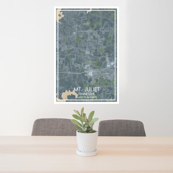 24x36 Mt. Juliet Tennessee Map Print Portrait Orientation in Afternoon Style Behind 2 Chairs Table and Potted Plant