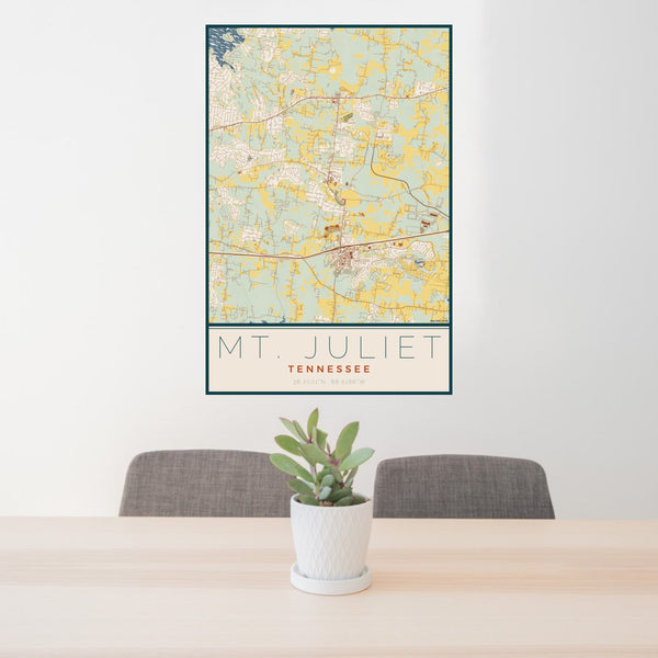24x36 Mt. Juliet Tennessee Map Print Portrait Orientation in Woodblock Style Behind 2 Chairs Table and Potted Plant