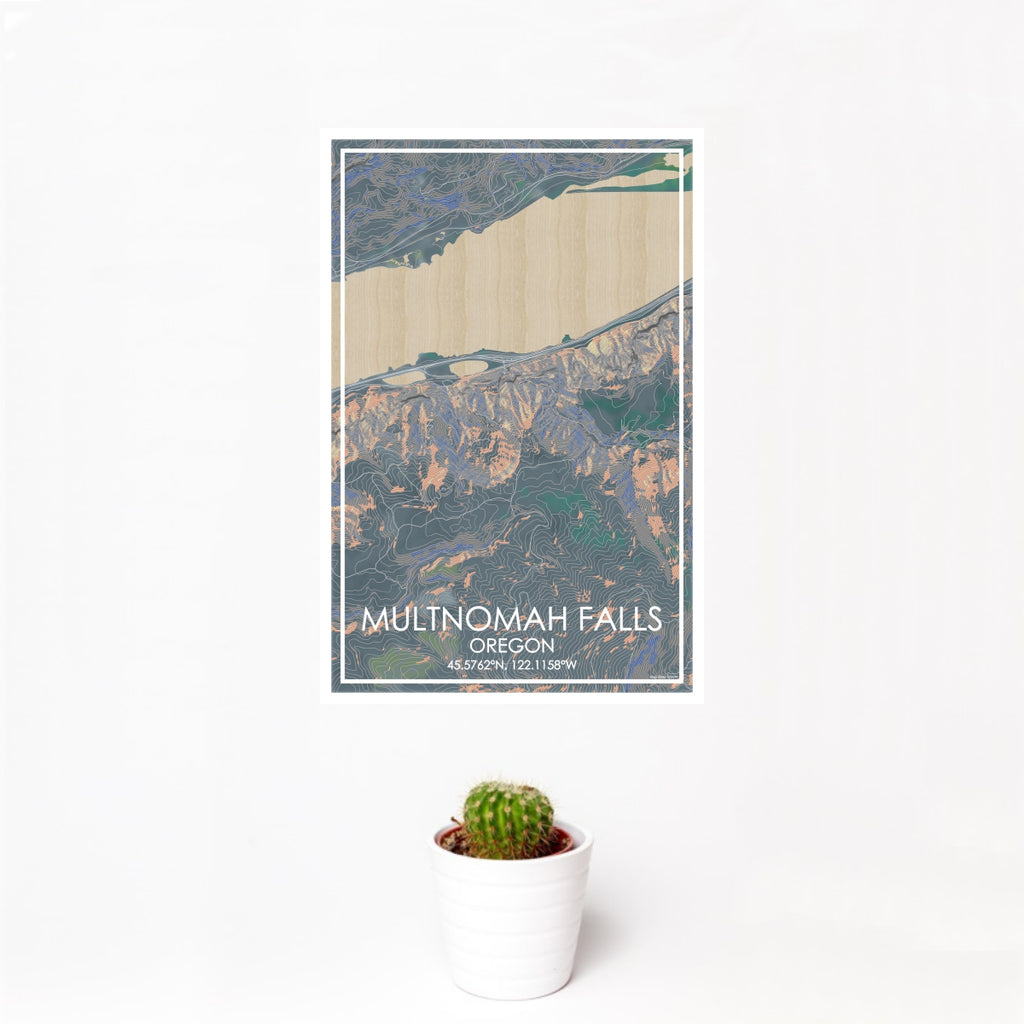 12x18 Multnomah Falls Oregon Map Print Portrait Orientation in Afternoon Style With Small Cactus Plant in White Planter