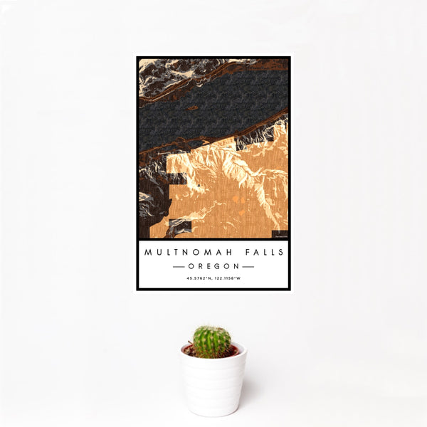 12x18 Multnomah Falls Oregon Map Print Portrait Orientation in Ember Style With Small Cactus Plant in White Planter