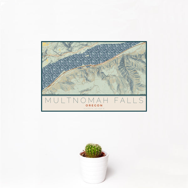 12x18 Multnomah Falls Oregon Map Print Landscape Orientation in Woodblock Style With Small Cactus Plant in White Planter