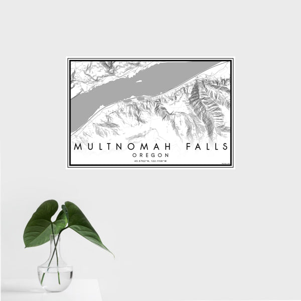 16x24 Multnomah Falls Oregon Map Print Landscape Orientation in Classic Style With Tropical Plant Leaves in Water
