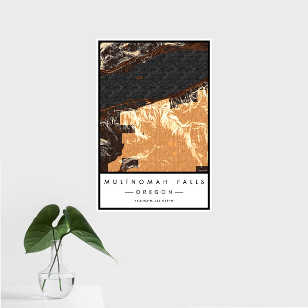 16x24 Multnomah Falls Oregon Map Print Portrait Orientation in Ember Style With Tropical Plant Leaves in Water