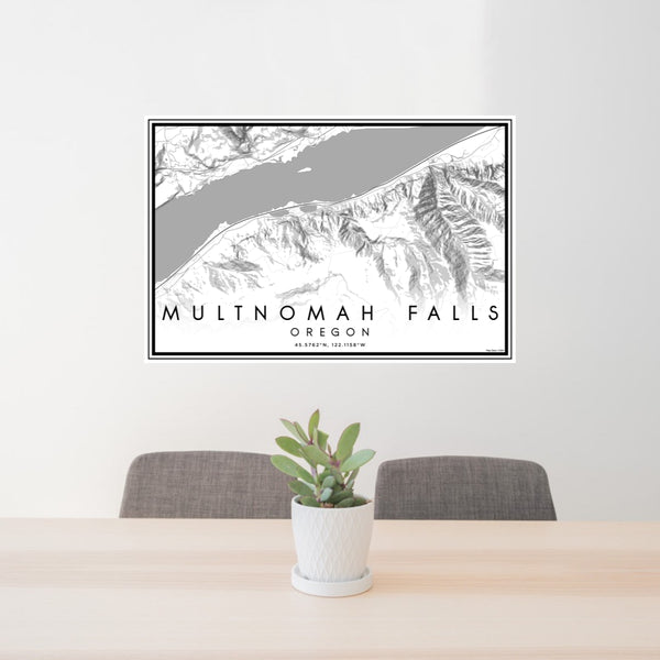 24x36 Multnomah Falls Oregon Map Print Lanscape Orientation in Classic Style Behind 2 Chairs Table and Potted Plant