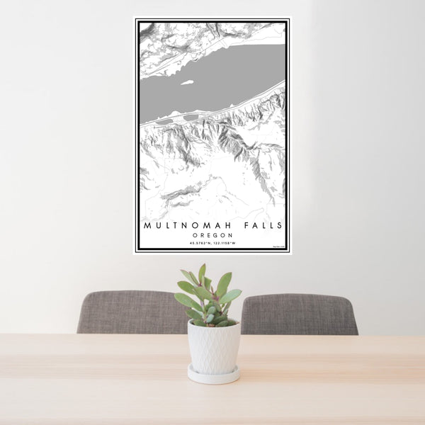 24x36 Multnomah Falls Oregon Map Print Portrait Orientation in Classic Style Behind 2 Chairs Table and Potted Plant