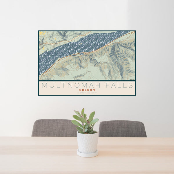 24x36 Multnomah Falls Oregon Map Print Lanscape Orientation in Woodblock Style Behind 2 Chairs Table and Potted Plant