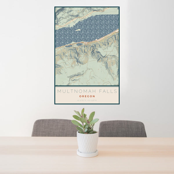 24x36 Multnomah Falls Oregon Map Print Portrait Orientation in Woodblock Style Behind 2 Chairs Table and Potted Plant
