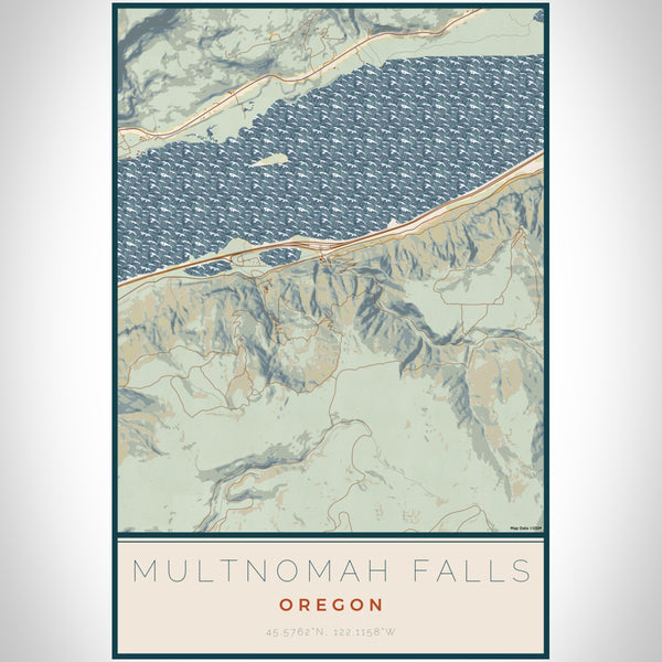 Multnomah Falls Oregon Map Print Portrait Orientation in Woodblock Style With Shaded Background