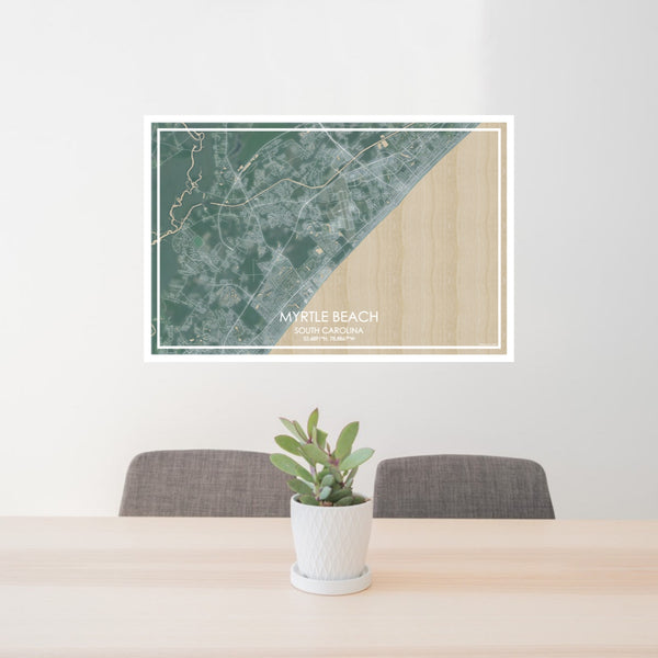24x36 Myrtle Beach South Carolina Map Print Lanscape Orientation in Afternoon Style Behind 2 Chairs Table and Potted Plant