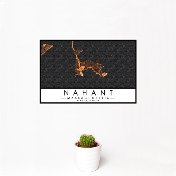12x18 Nahant Massachusetts Map Print Landscape Orientation in Ember Style With Small Cactus Plant in White Planter