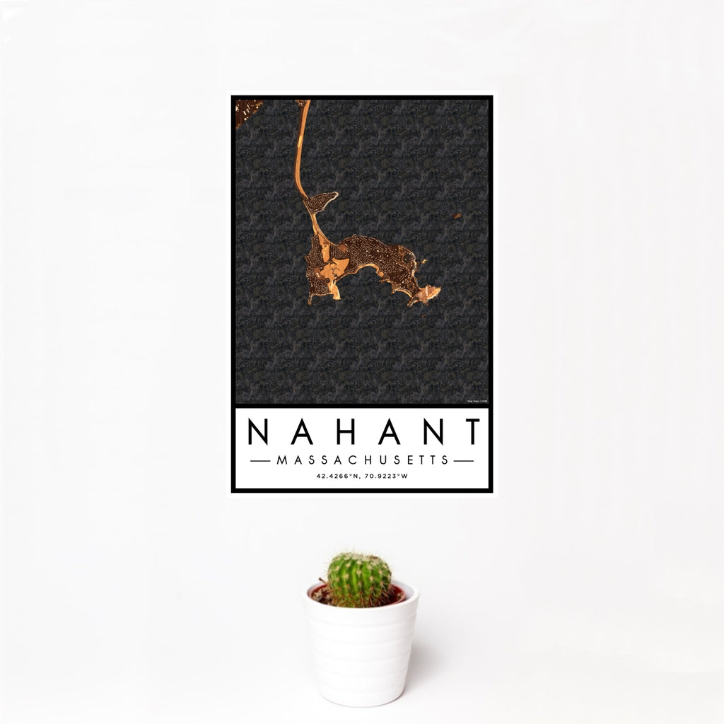 12x18 Nahant Massachusetts Map Print Portrait Orientation in Ember Style With Small Cactus Plant in White Planter