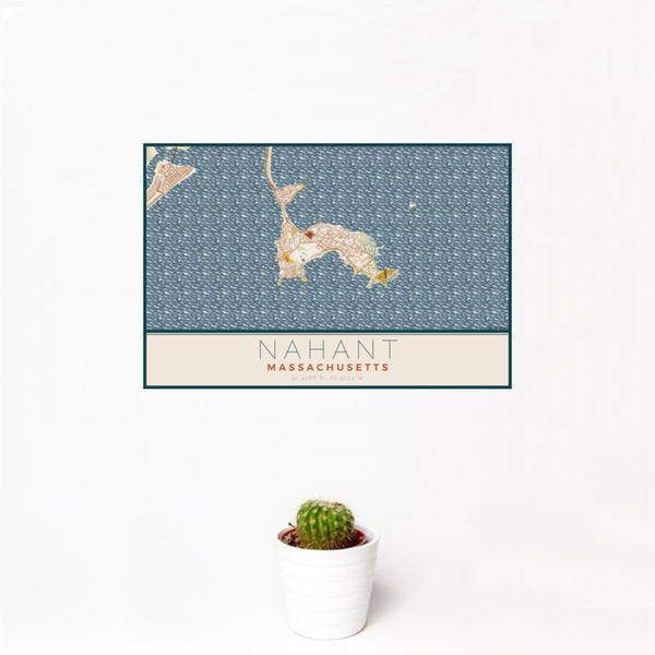 12x18 Nahant Massachusetts Map Print Landscape Orientation in Woodblock Style With Small Cactus Plant in White Planter