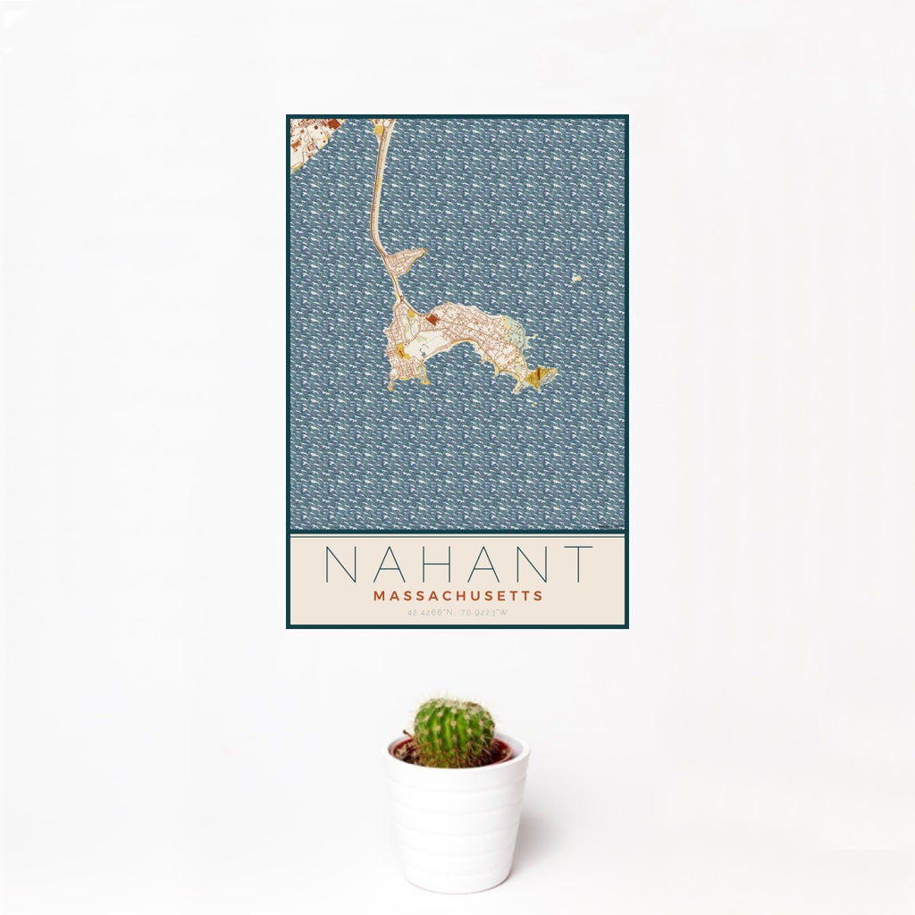 12x18 Nahant Massachusetts Map Print Portrait Orientation in Woodblock Style With Small Cactus Plant in White Planter