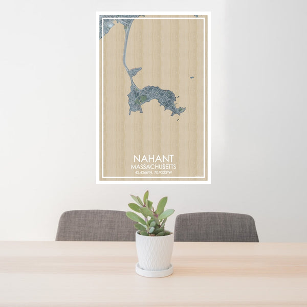 24x36 Nahant Massachusetts Map Print Portrait Orientation in Afternoon Style Behind 2 Chairs Table and Potted Plant