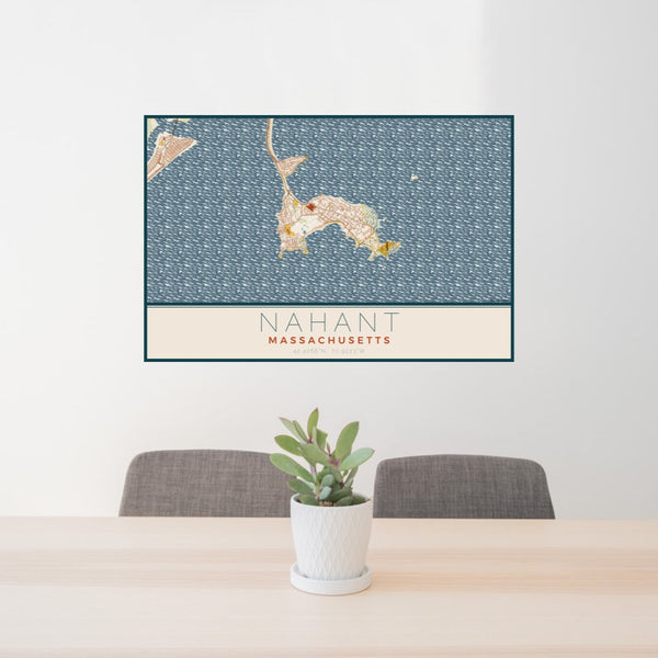 24x36 Nahant Massachusetts Map Print Lanscape Orientation in Woodblock Style Behind 2 Chairs Table and Potted Plant