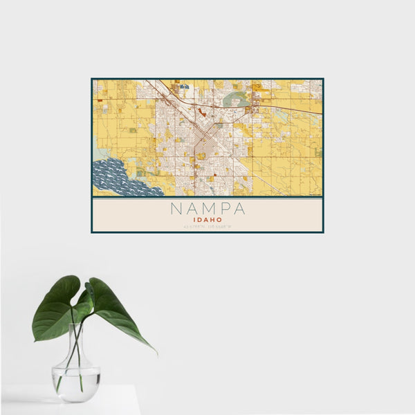 16x24 Nampa Idaho Map Print Landscape Orientation in Woodblock Style With Tropical Plant Leaves in Water
