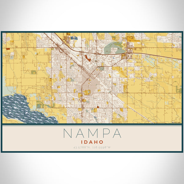 Nampa Idaho Map Print Landscape Orientation in Woodblock Style With Shaded Background
