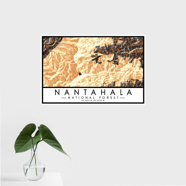 16x24 Nantahala National Forest Map Print Landscape Orientation in Ember Style With Tropical Plant Leaves in Water