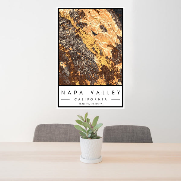 24x36 Napa Valley California Map Print Portrait Orientation in Ember Style Behind 2 Chairs Table and Potted Plant