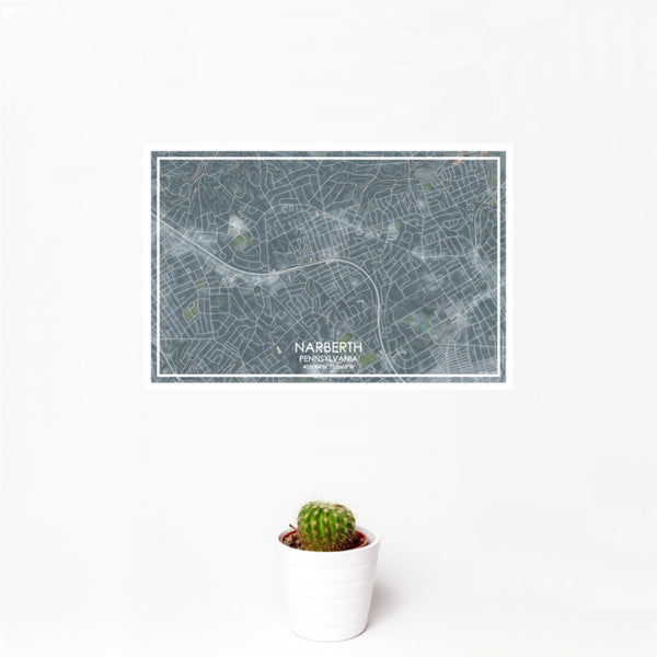 12x18 Narberth Pennsylvania Map Print Landscape Orientation in Afternoon Style With Small Cactus Plant in White Planter