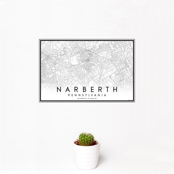 12x18 Narberth Pennsylvania Map Print Landscape Orientation in Classic Style With Small Cactus Plant in White Planter
