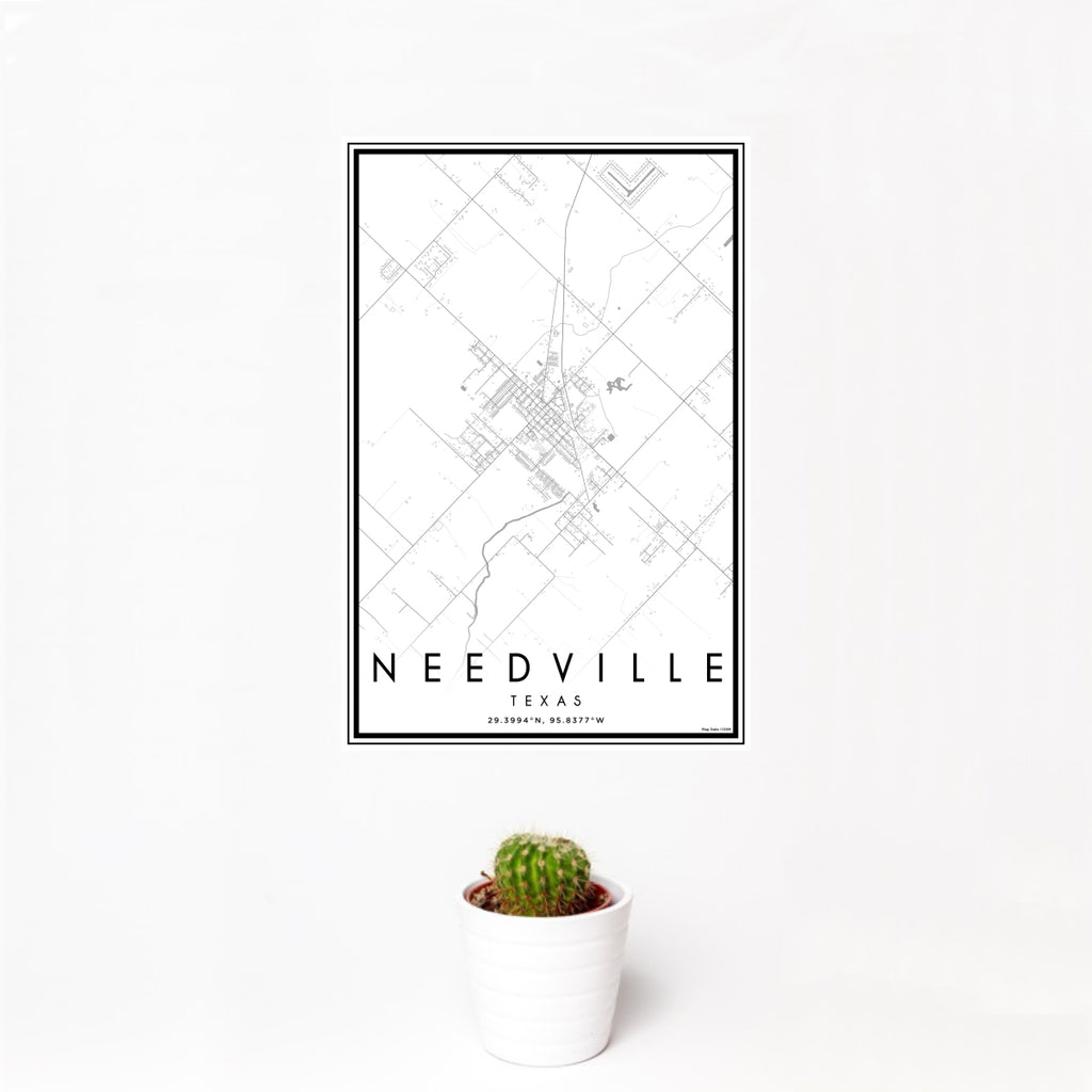 12x18 Needville Texas Map Print Portrait Orientation in Classic Style With Small Cactus Plant in White Planter