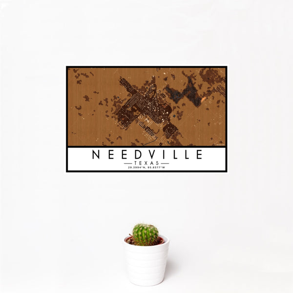 12x18 Needville Texas Map Print Landscape Orientation in Ember Style With Small Cactus Plant in White Planter