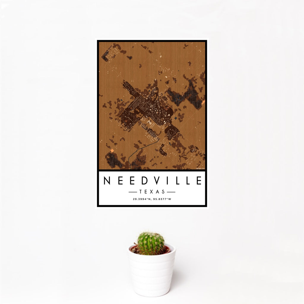 12x18 Needville Texas Map Print Portrait Orientation in Ember Style With Small Cactus Plant in White Planter