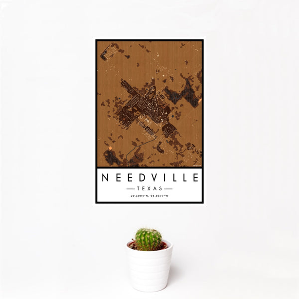 12x18 Needville Texas Map Print Portrait Orientation in Ember Style With Small Cactus Plant in White Planter