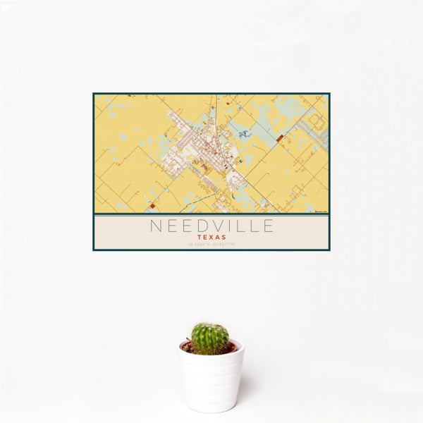 12x18 Needville Texas Map Print Landscape Orientation in Woodblock Style With Small Cactus Plant in White Planter