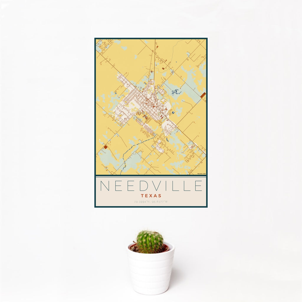 12x18 Needville Texas Map Print Portrait Orientation in Woodblock Style With Small Cactus Plant in White Planter