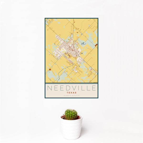 12x18 Needville Texas Map Print Portrait Orientation in Woodblock Style With Small Cactus Plant in White Planter
