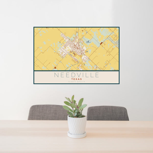 24x36 Needville Texas Map Print Lanscape Orientation in Woodblock Style Behind 2 Chairs Table and Potted Plant