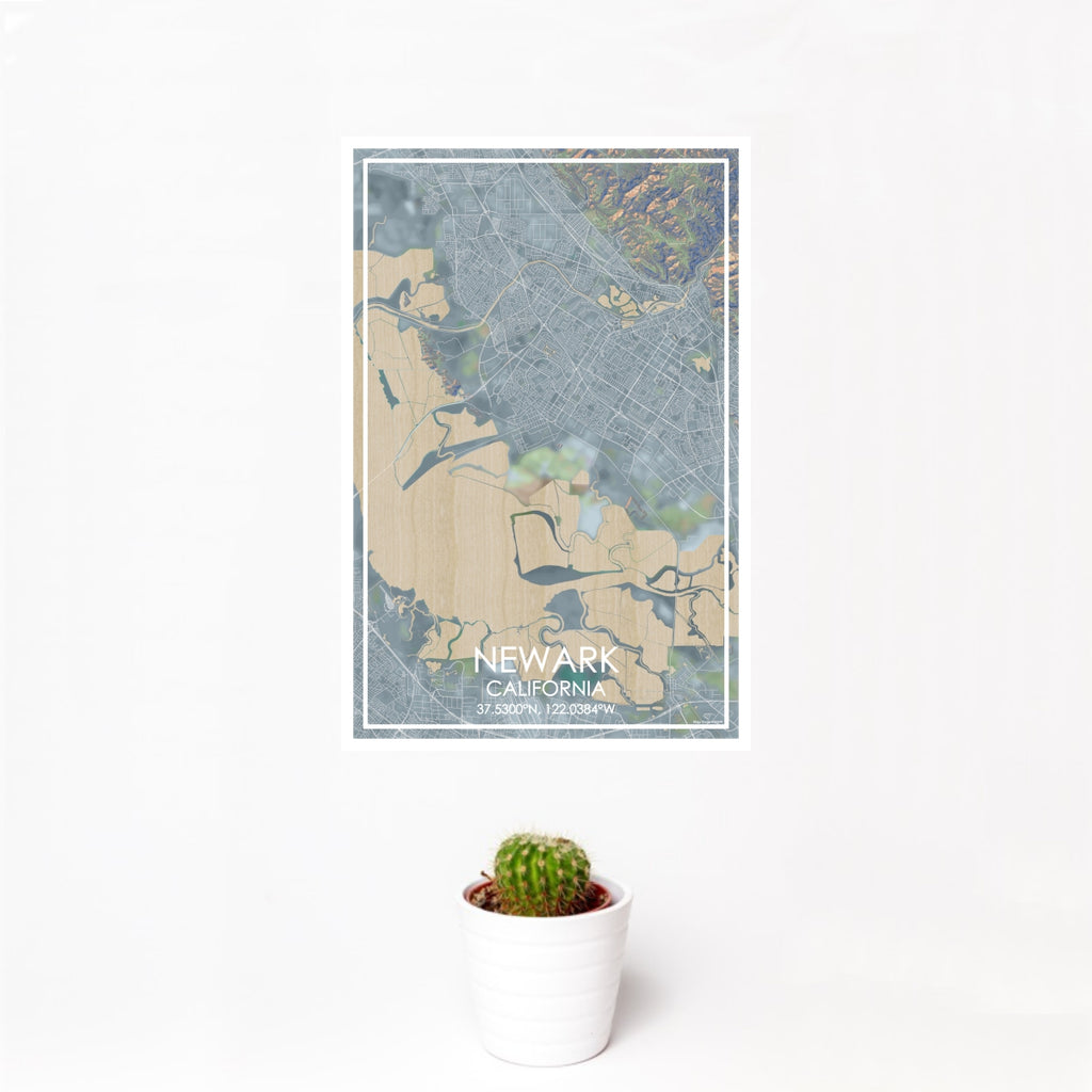 12x18 Newark California Map Print Portrait Orientation in Afternoon Style With Small Cactus Plant in White Planter