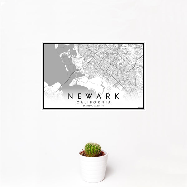 12x18 Newark California Map Print Landscape Orientation in Classic Style With Small Cactus Plant in White Planter