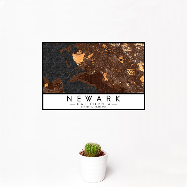 12x18 Newark California Map Print Landscape Orientation in Ember Style With Small Cactus Plant in White Planter