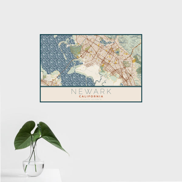 16x24 Newark California Map Print Landscape Orientation in Woodblock Style With Tropical Plant Leaves in Water