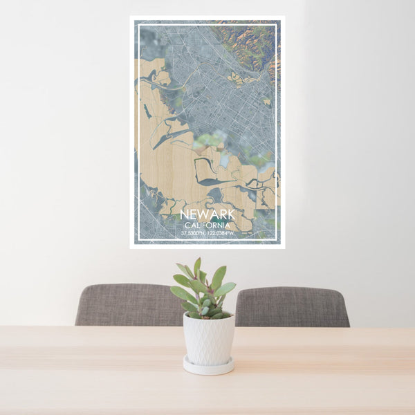 24x36 Newark California Map Print Portrait Orientation in Afternoon Style Behind 2 Chairs Table and Potted Plant