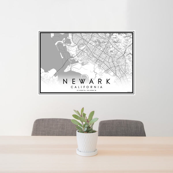 24x36 Newark California Map Print Lanscape Orientation in Classic Style Behind 2 Chairs Table and Potted Plant