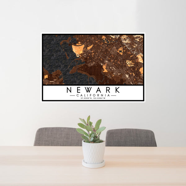 24x36 Newark California Map Print Lanscape Orientation in Ember Style Behind 2 Chairs Table and Potted Plant