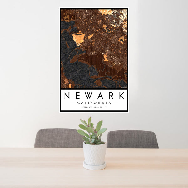 24x36 Newark California Map Print Portrait Orientation in Ember Style Behind 2 Chairs Table and Potted Plant