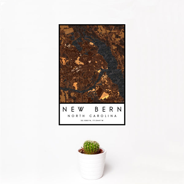 12x18 New Bern North Carolina Map Print Portrait Orientation in Ember Style With Small Cactus Plant in White Planter