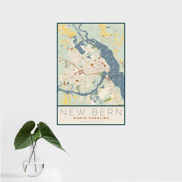16x24 New Bern North Carolina Map Print Portrait Orientation in Woodblock Style With Tropical Plant Leaves in Water