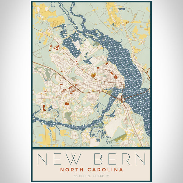 New Bern North Carolina Map Print Portrait Orientation in Woodblock Style With Shaded Background