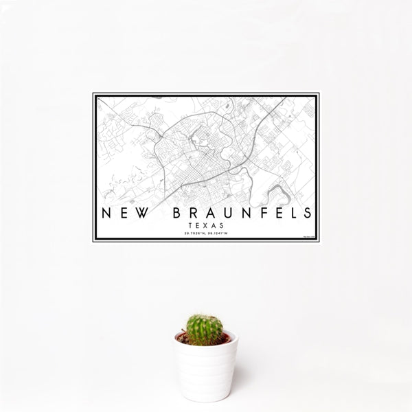 12x18 New Braunfels Texas Map Print Landscape Orientation in Classic Style With Small Cactus Plant in White Planter