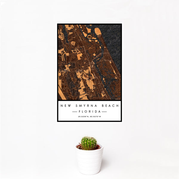 12x18 New Smyrna Beach Florida Map Print Portrait Orientation in Ember Style With Small Cactus Plant in White Planter